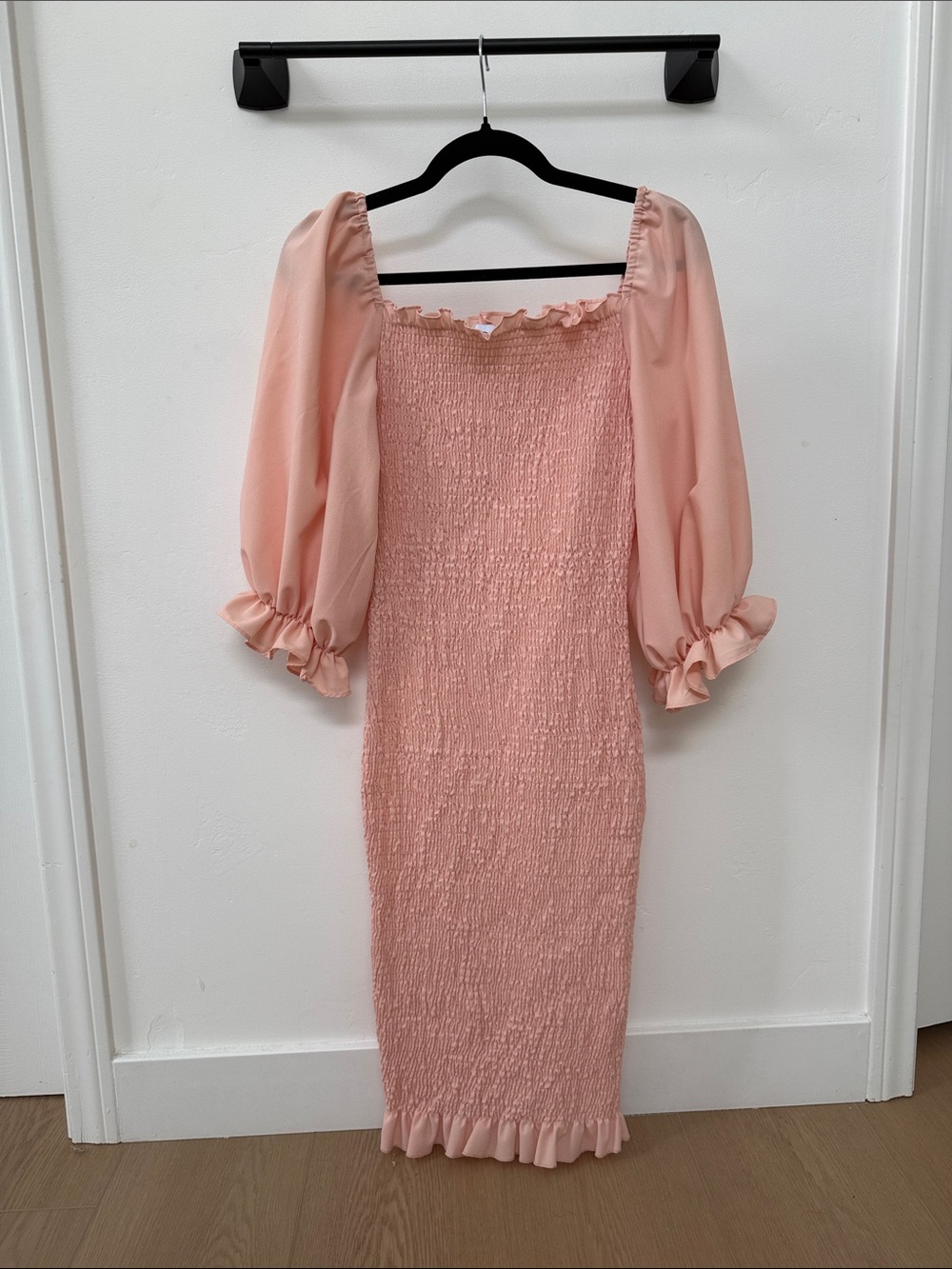 Blush Pink Smocked Midi Dress with Puff Sleeves